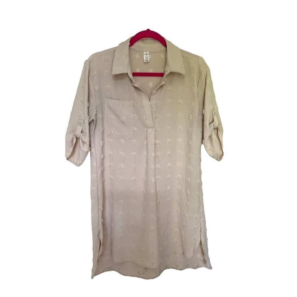 Women's Trendy Boho Beige Pom Pom Dress Lightweight Tunic Shirt Vacation Sz Med - Picture 1 of 6